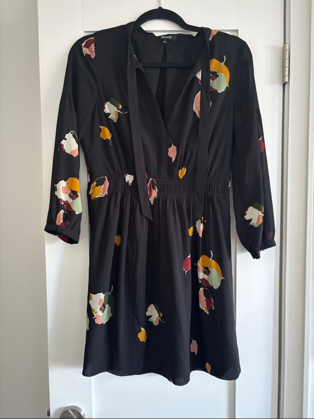 Madewell Black Floral Tie-Neck Long Sleeve Dress